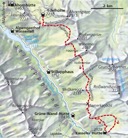 Wanderkarte 2. Etappe Berliner Höhenweg Edelhütte