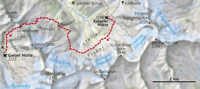 Wanderkarte 3. Etappe Berliner Höhenweg Edelhütte