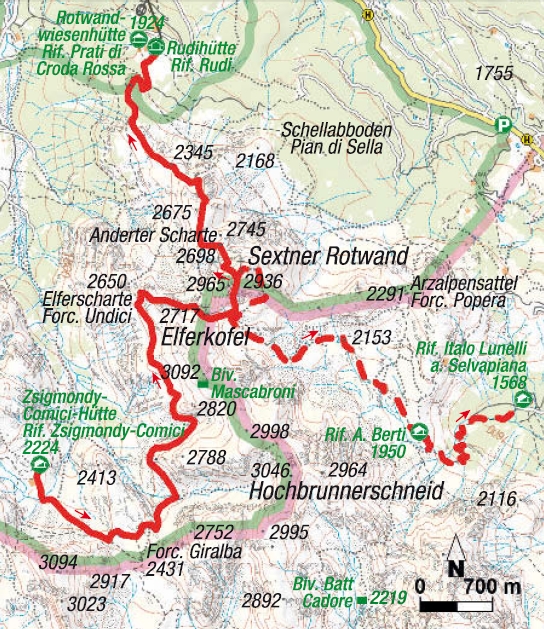 Karte 4. Etappe Sextener Klettersteigrunde