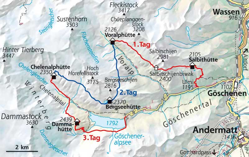 Wanderkarte Hüttentour Göschenertal Schweiz