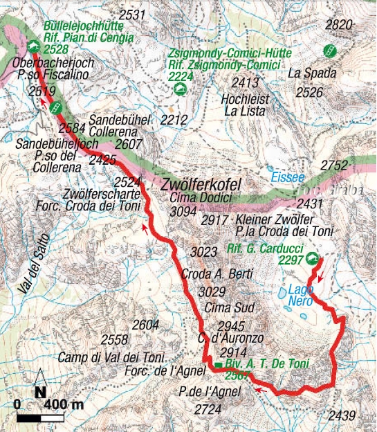 Karte 2. Etappe Klettersteigrunde Sextener Dolomiten