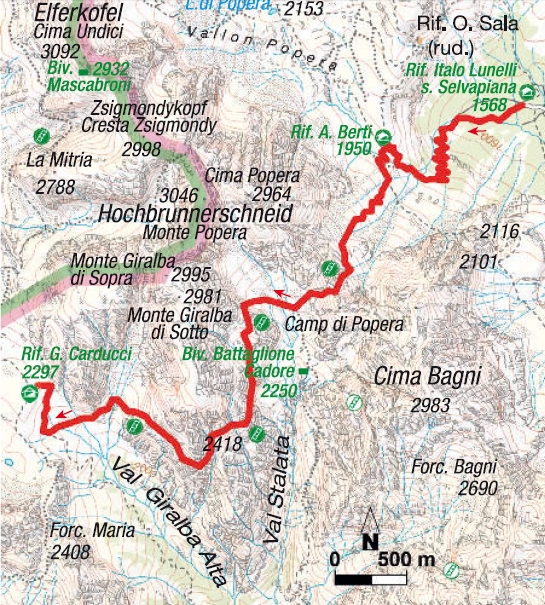 Karte 1. Etappe Sextener Klettersteigrunde