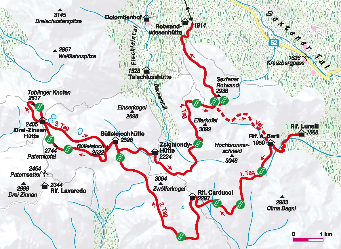 Übersichtskarte Klettersteigrunde Sextener Dolomiten