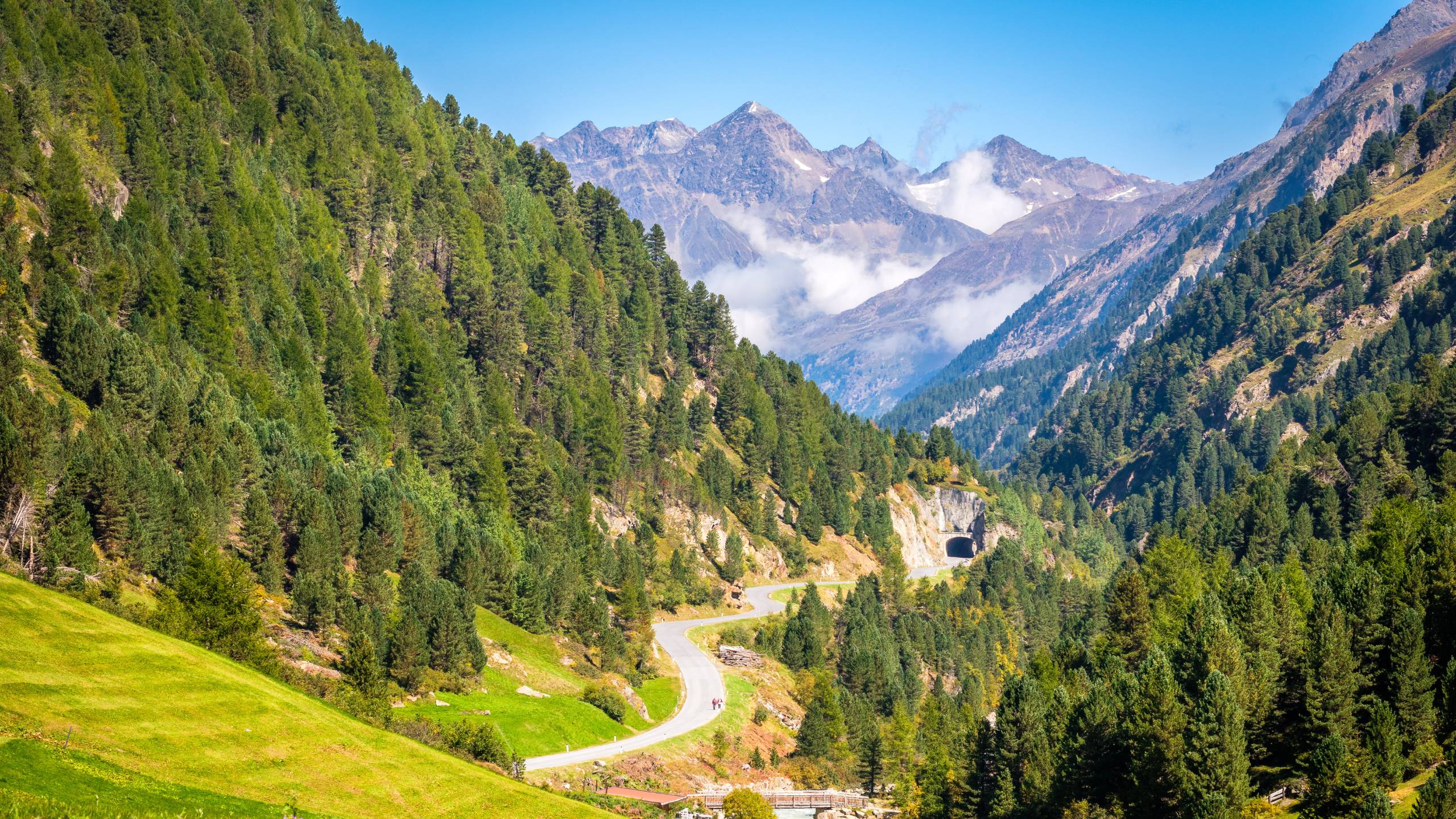 Grüne Wiesen in der Nähe des idyllischen Bergsteigerdorfes Vent im Ötztal (Tirol, Österreich), umgeben von Bergen und idealer Ausgangspunkt für alpine Wanderungen in der Nähe der Wildspitze (3.774 m)