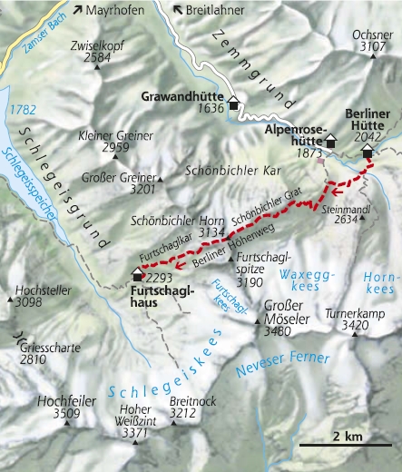 Wanderkarte 5. Etappe Berliner Höhenweg Edelhütte