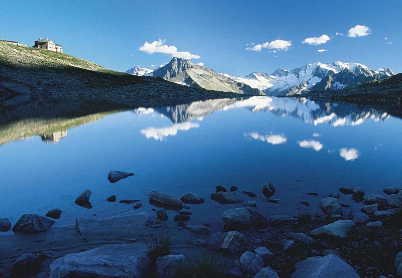 Die Friesenberghütte über dem gleichnamigen See; im Hintergrund Hochfeiler und Hochferner